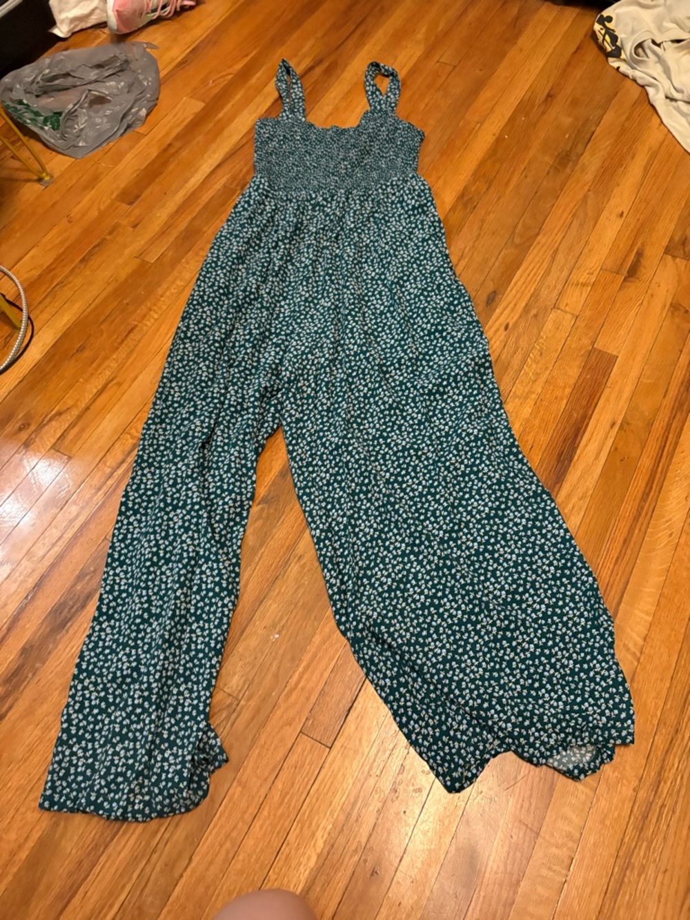 Teal Floral Smocked Wide-Leg Jumpsuit